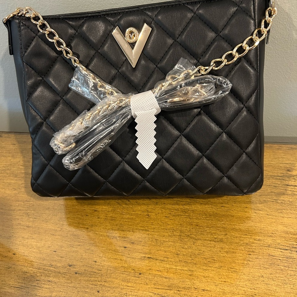 Valentino Orlandi Black Quilted Shoulder Bag with Gold Chain